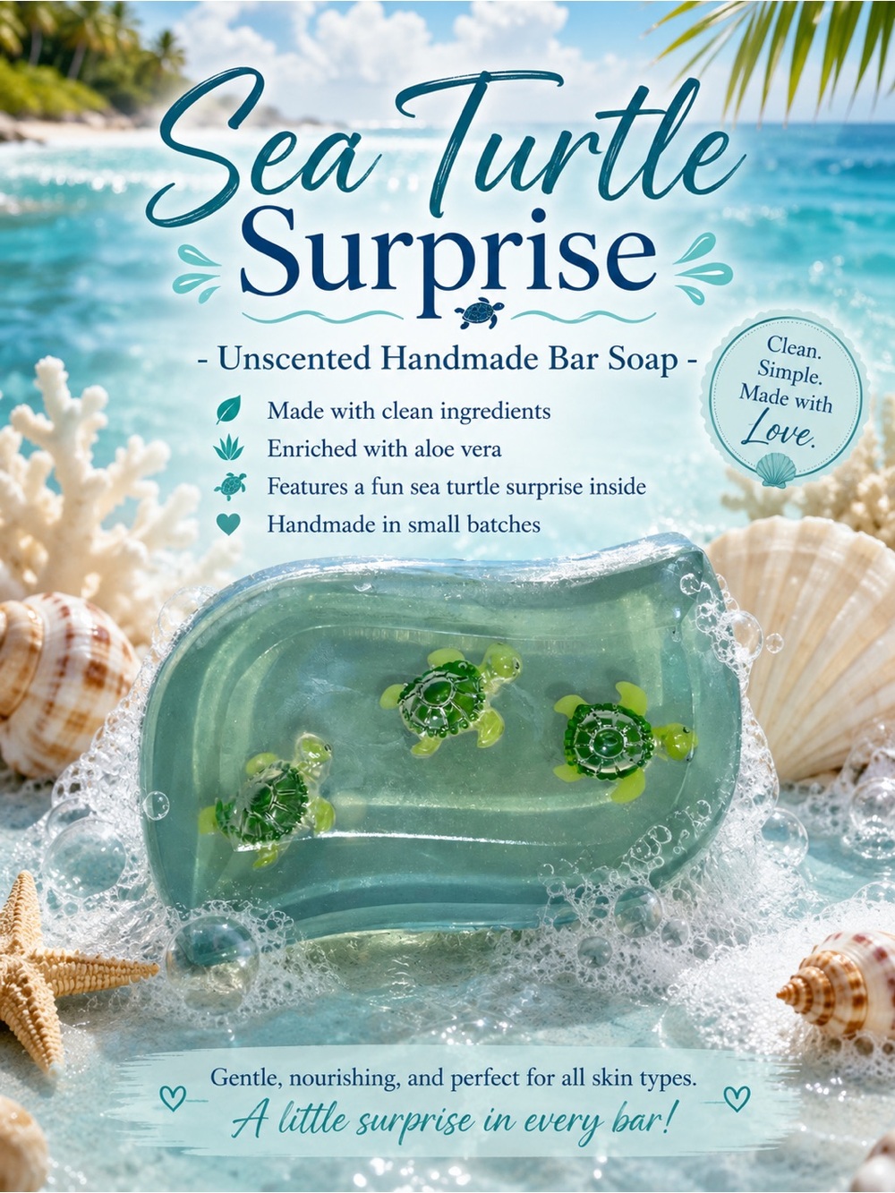 Hand Crafted “Sea Turtle Surprise” Unscented Bar Soap With Aloe Vera